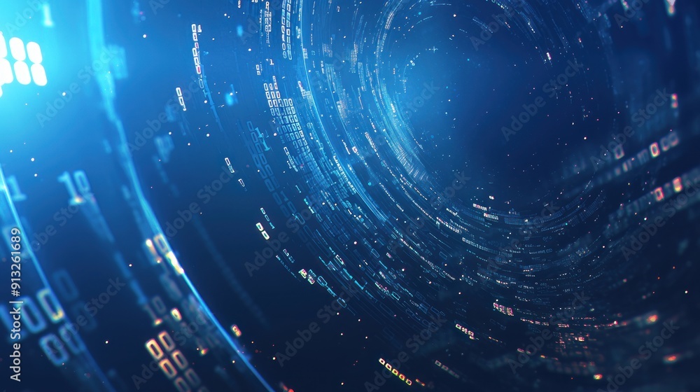 Fototapeta premium Digital backdrop featuring data and precision binary code with glowing particles with dark abstract blue light effects, elements add futuristic depth