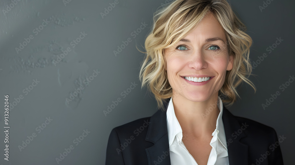 Photo of woman with blonde hair in a business suit smiling at the camera against a gray background 