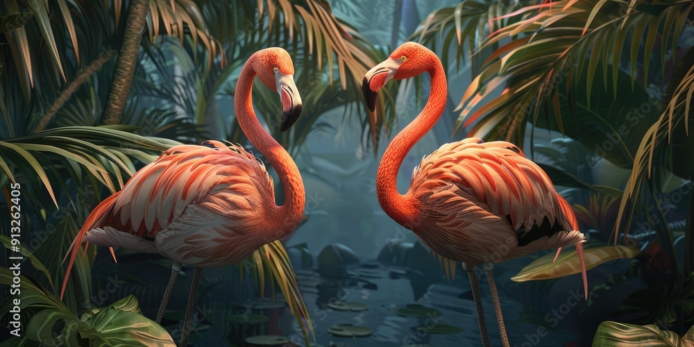 Fototapeta premium Two pink flamingos in tropical foliage.