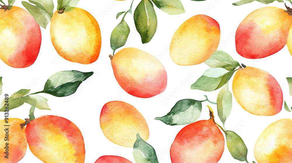 Exotic Tropical Mango Watercolor Seamless Pattern Design with Isolated White Background Exotic Tropical Mango Watercolor Seamless Pattern Design with Isolated White Background