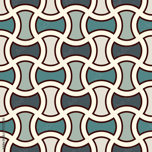 Apple core quilts texture. Bow tie motif. Seamless surface pattern design with classic ornament. Interlocking axehead figures background. Outline digital paper with hammerhead shapes. Vector.
