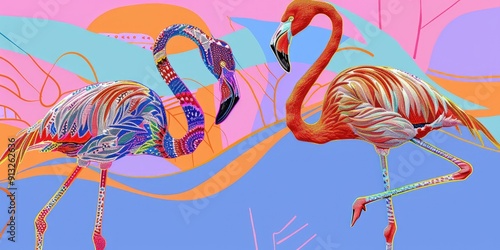 Two colorful flamingos on a blue background.