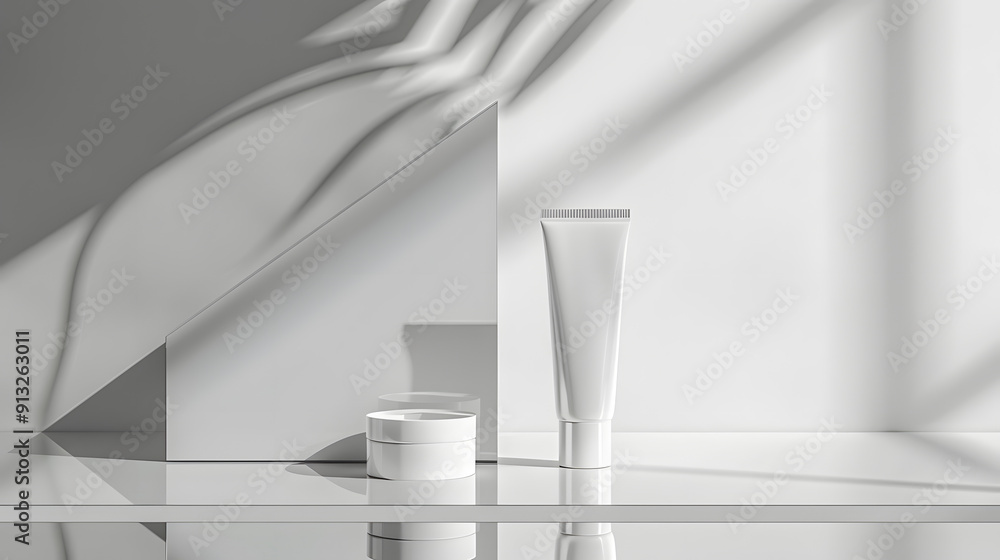 Simple cosmetic mockup with a blank white plastic tube and bottle on a mirrored surface. Simple cosmetic mockup with a blank white plastic tube and bottle on a mirrored surface.