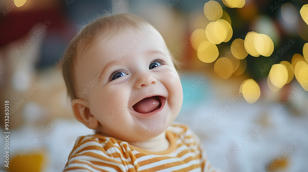 Happy Baby with Big Smile in Striped Onesie Lying on Soft Blanket with Blurred Christmas Lights in Background, Indoors, Copy Space Happy Baby with Big Smile in Striped Onesie Lying on Soft Blanket with Blurred Christmas Lights in Background, Indoors, Copy Space