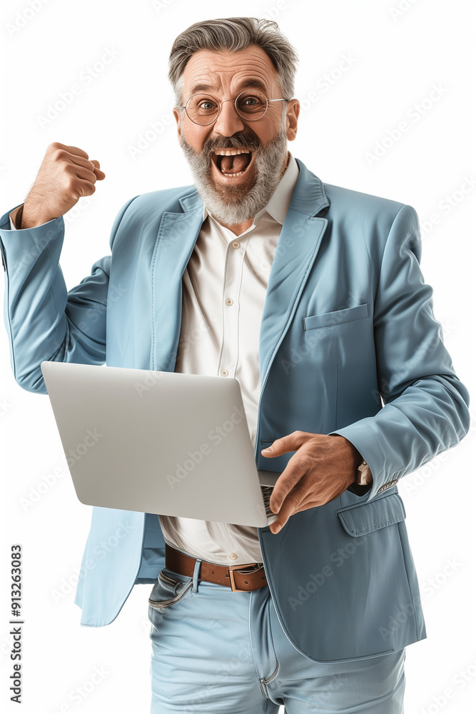 Euphoric bearded elderly businessman using a computer, dressed in a light blue suit, isolated on a gray background.
Euphoric bearded elderly businessman using a computer, dressed in a light blue suit, isolated on a gray background.