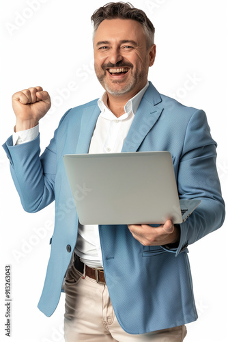 An elderly businessman with beard and glasses wearing a blue suit and white shirt holding a happy laptop and smiling on a white background, isolated from the background. 