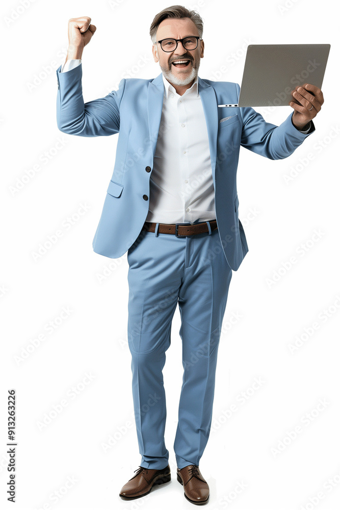 Euphoric bearded elderly businessman using a computer, dressed in a light blue suit, isolated on a gray background.
Euphoric bearded elderly businessman using a computer, dressed in a light blue suit, isolated on a gray background.