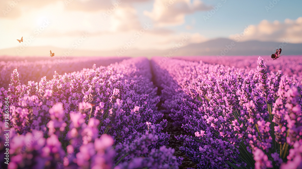 Fototapeta premium Garden filled with rows of blooming lavender, creating a sea of ​​purple with fluttering butterflies