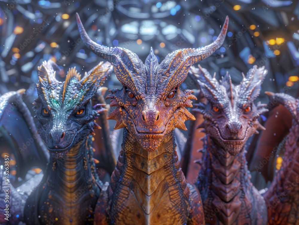 Epic Fantasy Scene with Three Detailed Dragons in Futuristic Setting Epic Fantasy Scene with Three Detailed Dragons in Futuristic Setting