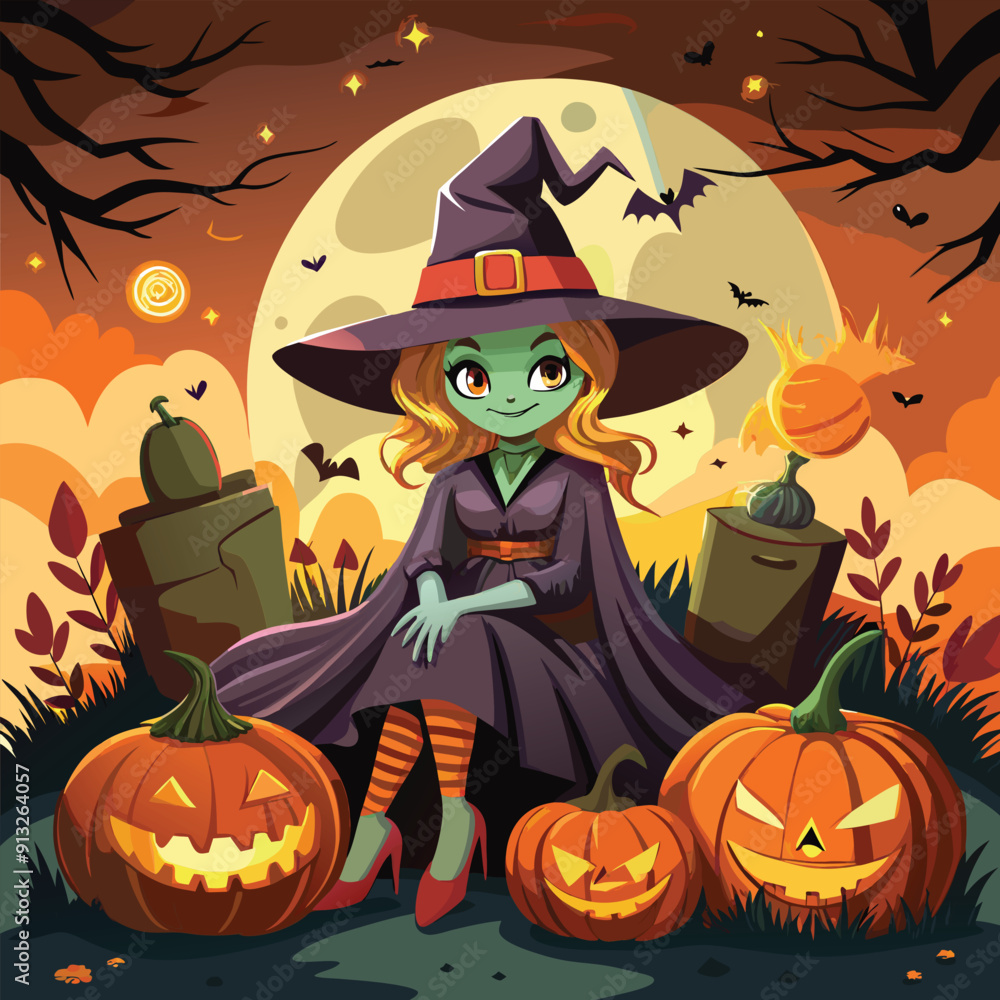 Halloween background with a pumpkin and cute witch Halloween background with a pumpkin and cute witch