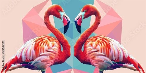 Two flamingos facing each other with pink and blue background.