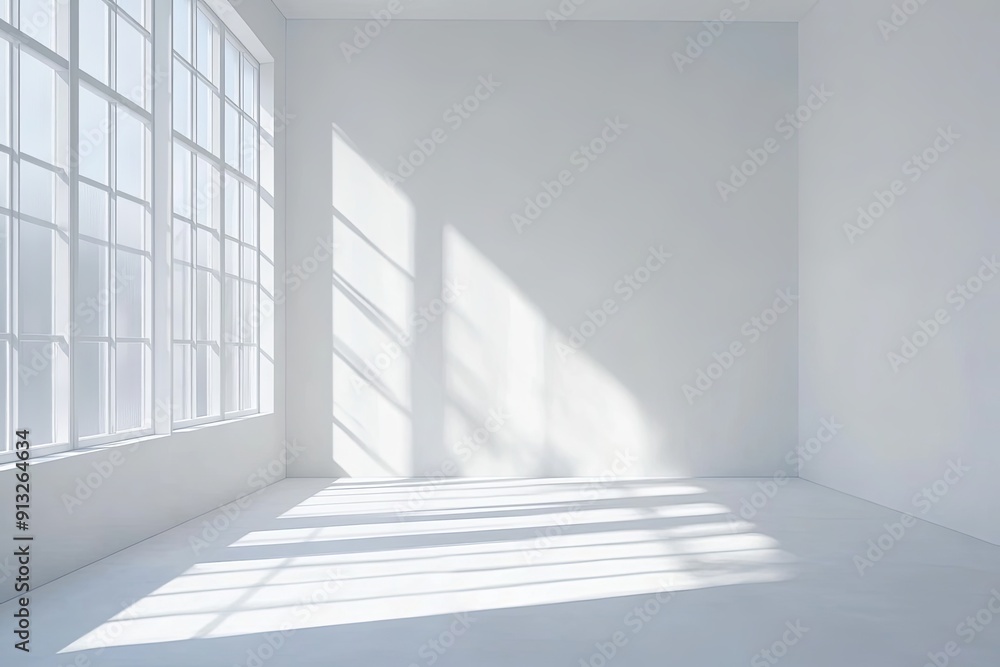 Sunlight streams through windows, casting dynamic shadows on the white walls and floor of the empty space. Generative AI Sunlight streams through windows, casting dynamic shadows on the white walls and floor of the empty space. Generative AI