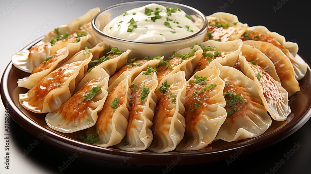 Close view of pierogi, front view from above, studio lighting, isolated white background. Close view of pierogi, front view from above, studio lighting, isolated white background.