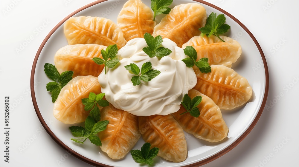 Close view of pierogi, front view from above, studio lighting, isolated white background. Close view of pierogi, front view from above, studio lighting, isolated white background.