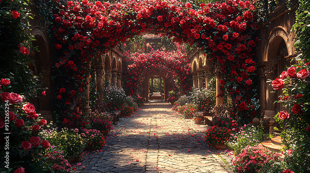 Vaulted garden covered with climbing roses and wisteria, with a cobbled path leading to a comfortable seating area Vaulted garden covered with climbing roses and wisteria, with a cobbled path leading to a comfortable seating area