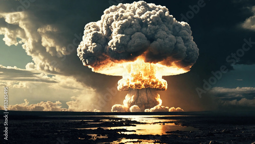 Nuclear bomb explosion, mushroom cloud, widescreen 16:9, 300 dpi, with space for text photo