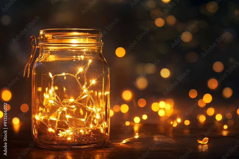 Soft, shimmering fairy lights illuminate a jar against a dark backdrop. Generative AI Soft, shimmering fairy lights illuminate a jar against a dark backdrop. Generative AI