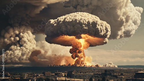 Nuclear bomb explosion, mushroom cloud, widescreen 16:9, 300 dpi, with space for text