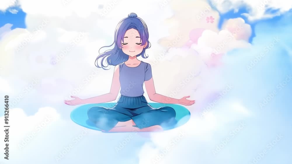 A girl is sitting on a blue mat and looking at the camera. She is smiling and she is in a relaxed state A girl is sitting on a blue mat and looking at the camera. She is smiling and she is in a relaxed state