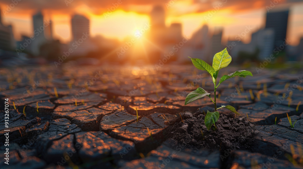 Young plant sprouting in cracked dry earth against a city skyline at sunset, symbolizing hope and resilience. Young plant sprouting in cracked dry earth against a city skyline at sunset, symbolizing hope and resilience.