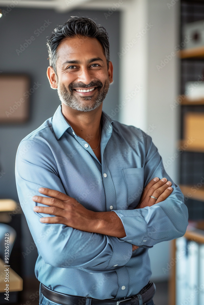 A Hindu businessman standing happily in an office crossing his arms, dressed casually in a shirt. A Hindu businessman standing happily in an office crossing his arms, dressed casually in a shirt.