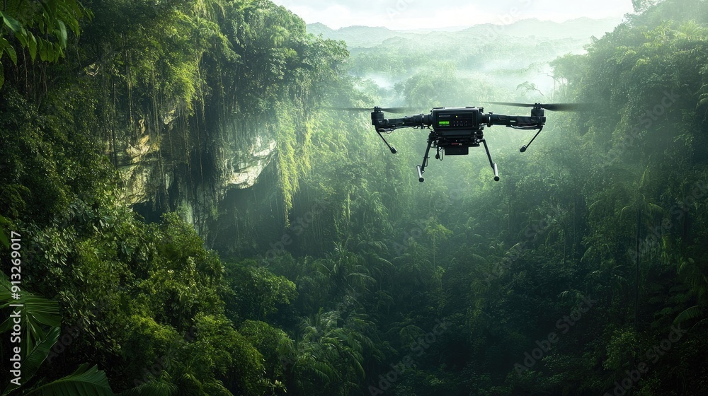 Fototapeta premium A drone navigating through a dense jungle, capturing aerial data and mapping the terrain with advanced sensors