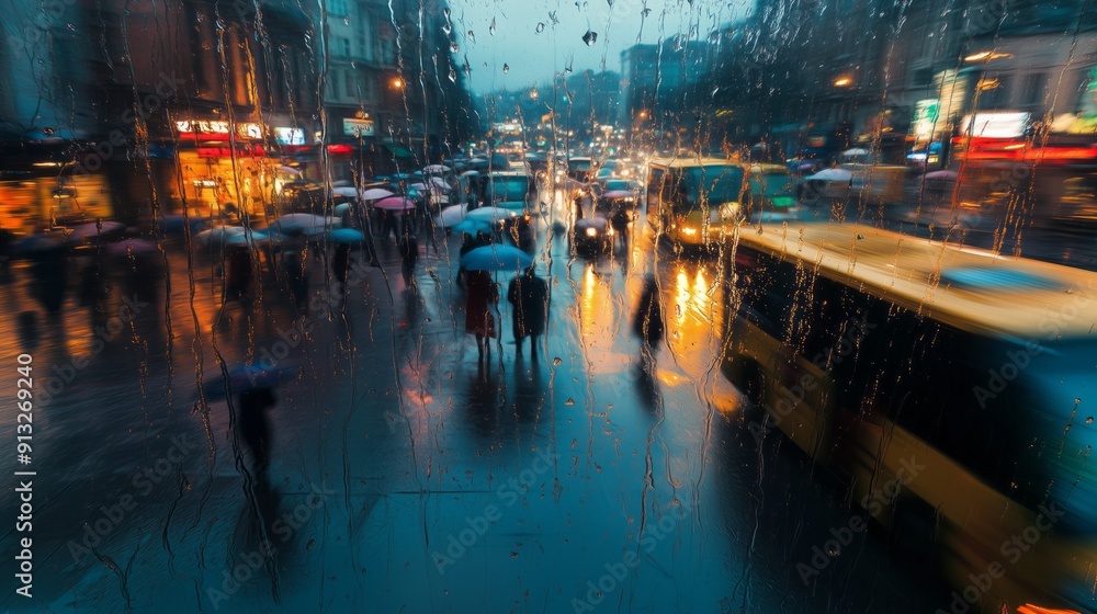 Fototapeta premium The view from the window of an office in Istanbul shows a heavy rain outside with people walking on Taksim Guardians street with umbrellas
