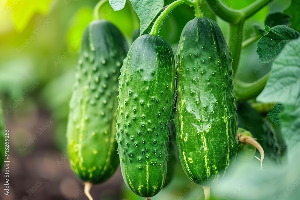 Fresh Green Cucumbers Growing on Vines in a Garden During Sunny Day Fresh Green Cucumbers Growing on Vines in a Garden During Sunny Day