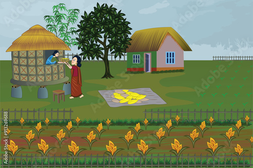 Asian rice paddy fields, impressive huts, agriculture and nature - an illustrated scene of rural village background