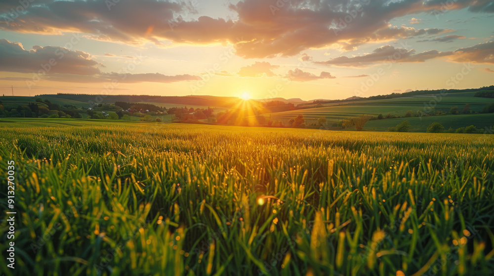 Stunning sunset over a lush green field, with sun rays illuminating the landscape and clouds adding dramatic effect. Stunning sunset over a lush green field, with sun rays illuminating the landscape and clouds adding dramatic effect.