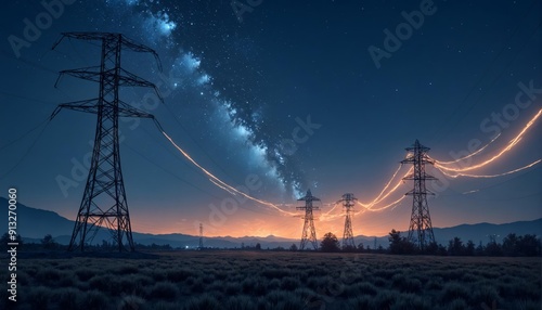 Electricity transmission towers and infrastructure network, digital visualization of power lines with renewable energy supply against starry sky
