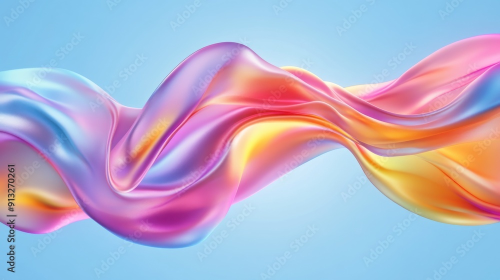 Abstract fluid shapes, 3d rendering illustration of colorful pastel color waves and cloth fabric floating in the air on blue background. Modern art poster design with surrealistic twisted forms