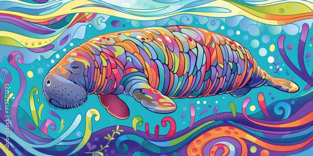 Colorful manatee in abstract ocean design. Colorful manatee in abstract ocean design.