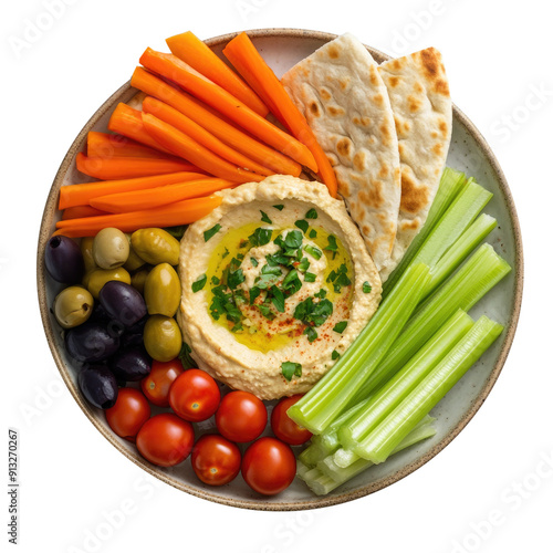 Hummas and Carrots, Celery, Pita, Olives and Tomatoes  Isolated on a Transparent Background photo