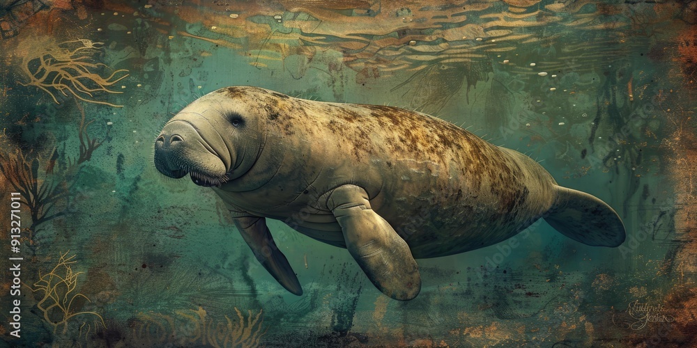 Fototapeta premium A manatee swimming in a greenish-brown water.