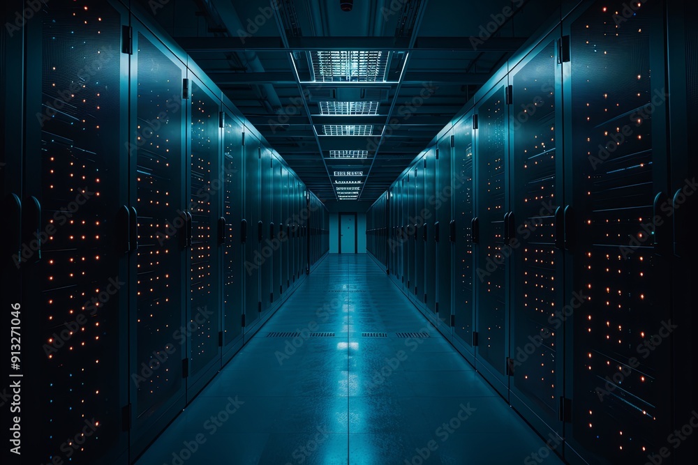 Dimly lit server room showcases rows of equipment with ambient lighting illuminating the space. Generative AI