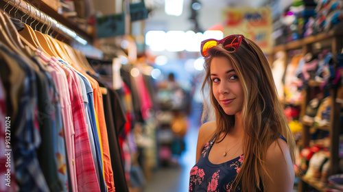 Young woman shopping in a clothing store, a young woman with long blonde hair wearing a striped beanie and glasses, standing in a clothing store aisle surrounded by various garments on racks photo