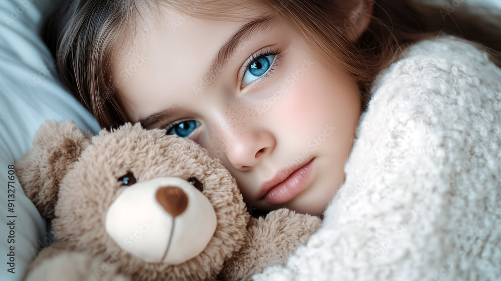 Young Caucasian Girl with Blue Eyes and Teddy Bear Snuggling in Bed, Close-Up Young Caucasian Girl with Blue Eyes and Teddy Bear Snuggling in Bed, Close-Up