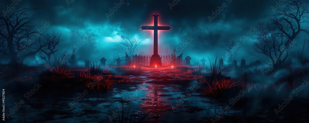 Naklejka premium Midnight graveyard with eerie lighting and shadowy figures, creating a spooky atmosphere, Horror, Dark tones, Digital painting