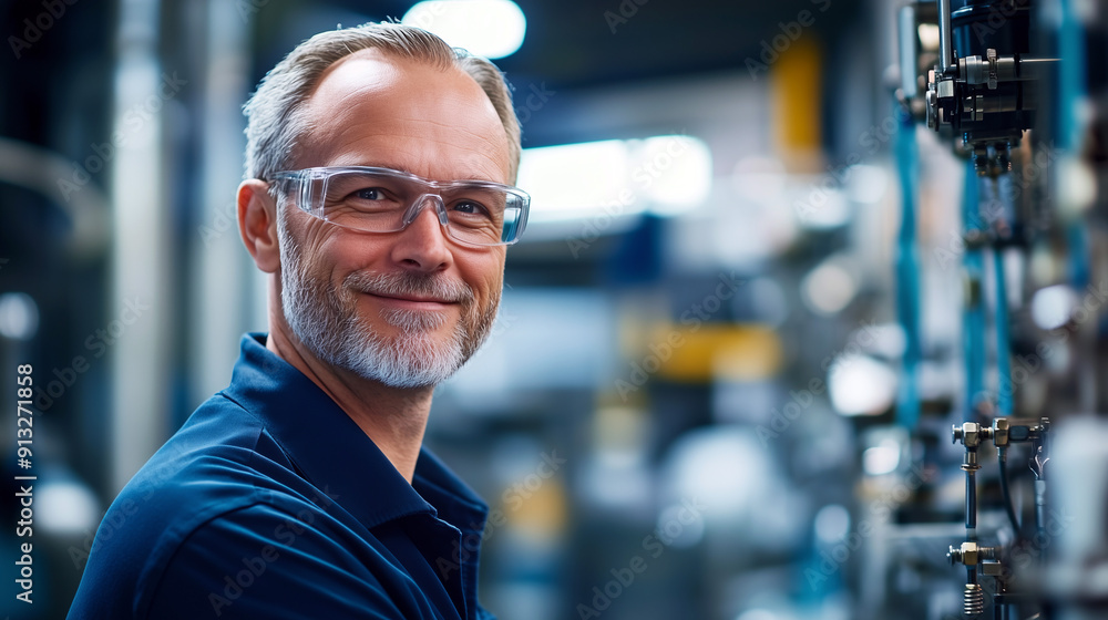 Smiling Middle-Aged Caucasian Male Engineer with Safety Glasses in Industrial Setting Smiling Middle-Aged Caucasian Male Engineer with Safety Glasses in Industrial Setting