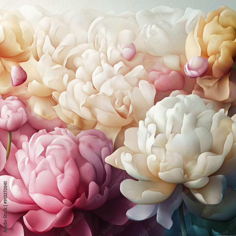Fototapeta premium Pastel, abstract, floral arrangement, close-up of delicate, colorful, blooming peonies, capturing the beauty, nature and elegance, artwork, floral art concept