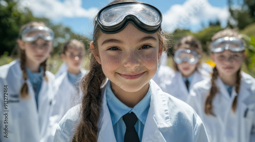 Group of young Caucasian girls wearing lab coats and safety goggles, smiling in a science camp.