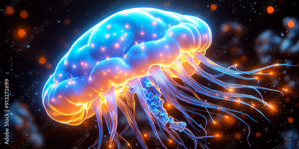 Naklejka premium A neon blue digital illustration of a brain in the shape of a jellyfish against a dark background, symbolizing artificial intelligence.