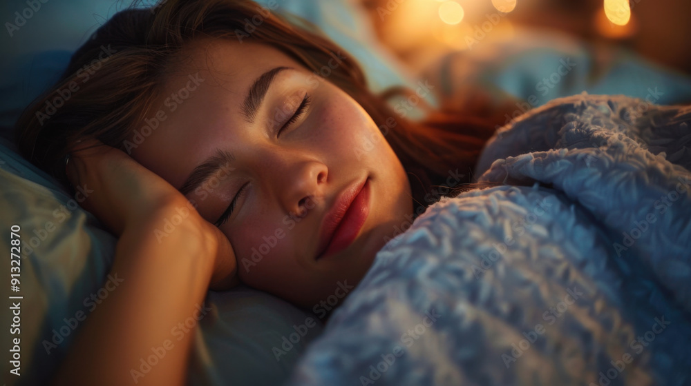 A woman sleeps peacefully in a cozy bed with soft lighting, representing rest, comfort, and relaxation. A woman sleeps peacefully in a cozy bed with soft lighting, representing rest, comfort, and relaxation.