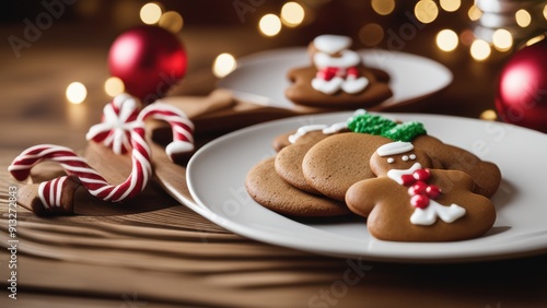 Two decorated gingerbread cookies on wooden plates surrounded by Christmas lights and candy canes. (164 characters) photo