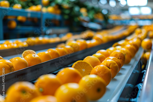 A conveyor belt is filled with oranges. generative ai.