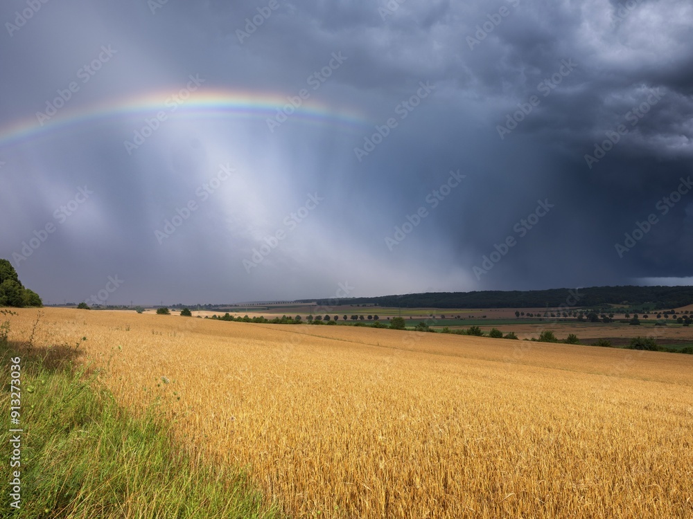 Dark dramatic storm clouds and rainbow over wheat field in the evening light, Burgenlandkreis, Saxony-Anhalt, Germany, Europe Dark dramatic storm clouds and rainbow over wheat field in the evening light, Burgenlandkreis, Saxony-Anhalt, Germany, Europe