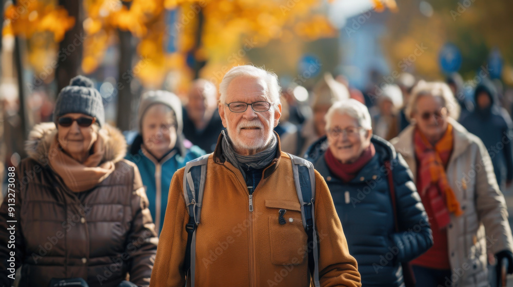 Fototapeta premium An elderly man leads a group of seniors on a walk during autumn, enjoying companionship and the beauty of the season.