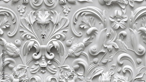 Ornate white floral pattern with intricate details, creating a luxurious and elegant design, Seamless pattern.