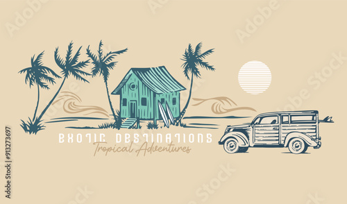 Stylized illustration of a tropical landscape with elements related to surfing. Editable art for prints on t-shirts, posters, etc.